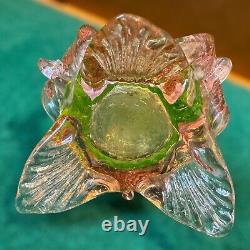 Vintage Uranium Glass Vase Twisted Art Glass Spiral Pattern With Pink Feet
