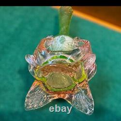 Vintage Uranium Glass Vase Twisted Art Glass Spiral Pattern With Pink Feet