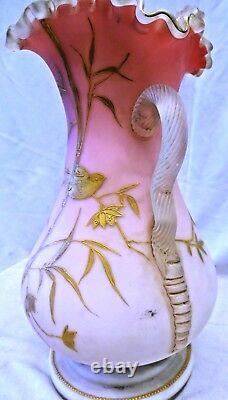 Vintage Vase Pink Satin Art Glass Hand Painted golden Birds rare collectible Old