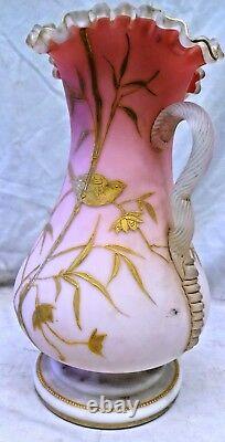 Vintage Vase Pink Satin Art Glass Hand Painted golden Birds rare collectible Old