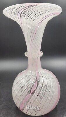 Vintage Venitian Zanfirico Latticino Pink White Art Glass Trumpet Vase Murano