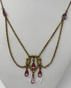 Vintage Victorian Deco Art Nouveau Crystal Pink Glass Dangle Festoon Necklace