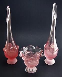 Vintage Viking Art Glass Mantle Set 2-Satin Pink Tulip Swung Vases 1- 4 Bowl