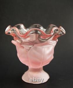 Vintage Viking Art Glass Mantle Set 2-Satin Pink Tulip Swung Vases 1- 4 Bowl