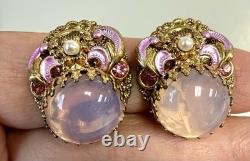 Vintage W Germany Pink Art Glass Clip Earrings Gold Filigree Enamel Moonglow