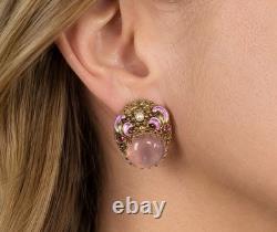 Vintage W Germany Pink Art Glass Clip Earrings Gold Filigree Enamel Moonglow