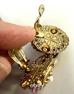 Vintage W Germany Pink Art Glass Clip Earrings Gold Filigree Enamel Moonglow