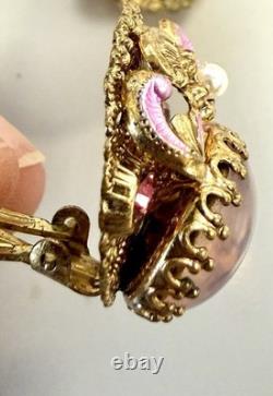 Vintage W Germany Pink Art Glass Clip Earrings Gold Filigree Enamel Moonglow