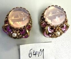 Vintage W Germany Pink Art Glass Clip Earrings Gold Filigree Enamel Moonglow
