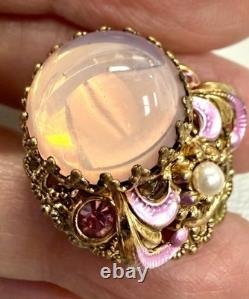 Vintage W Germany Pink Art Glass Clip Earrings Gold Filigree Enamel Moonglow