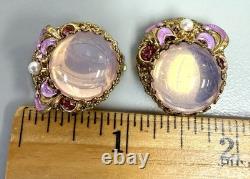 Vintage W Germany Pink Art Glass Clip Earrings Gold Filigree Enamel Moonglow
