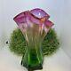 Vintage Watermelon Art Glass Vase Pink Green Murano Hand Blown Rare Ruffled