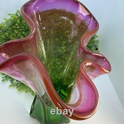 Vintage Watermelon Art Glass Vase Pink Green Murano Hand Blown Rare Ruffled