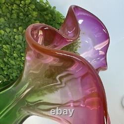 Vintage Watermelon Art Glass Vase Pink Green Murano Hand Blown Rare Ruffled