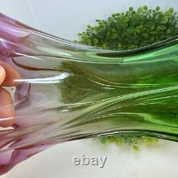 Vintage Watermelon Art Glass Vase Pink Green Murano Hand Blown Rare Ruffled