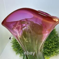 Vintage Watermelon Art Glass Vase Pink Green Murano Hand Blown Rare Ruffled