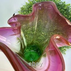 Vintage Watermelon Art Glass Vase Pink Green Murano Hand Blown Rare Ruffled