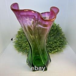 Vintage Watermelon Art Glass Vase Pink Green Murano Hand Blown Rare Ruffled