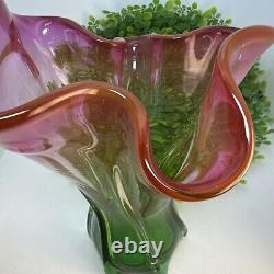 Vintage Watermelon Art Glass Vase Pink Green Murano Hand Blown Rare Ruffled