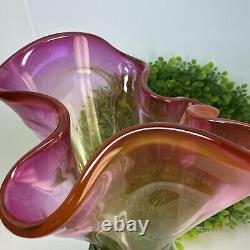 Vintage Watermelon Art Glass Vase Pink Green Murano Hand Blown Rare Ruffled