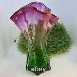 Vintage Watermelon Art Glass Vase Pink Green Murano Hand Blown Rare Ruffled