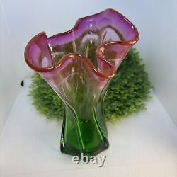 Vintage Watermelon Art Glass Vase Pink Green Murano Hand Blown Rare Ruffled