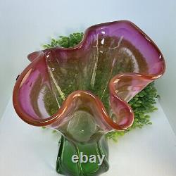Vintage Watermelon Art Glass Vase Pink Green Murano Hand Blown Rare Ruffled