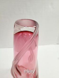 Vintage William Glasner 1990 Pink Frosted Leaf Art Glass Vase Signed & numbered