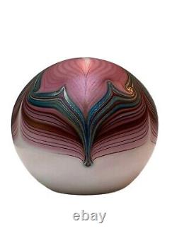 Vintage Zellique Studio JM Glass Pulled Feather Iridescent Paperweight 1983 Pink