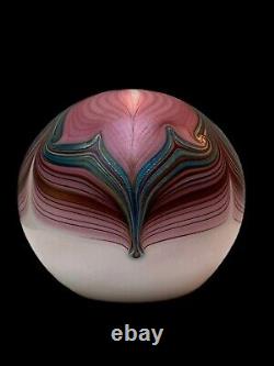 Vintage Zellique Studio JM Glass Pulled Feather Iridescent Paperweight 1983 Pink