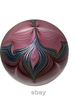 Vintage Zellique Studio JM Glass Pulled Feather Iridescent Paperweight 1983 Pink