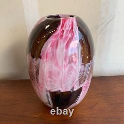 Vintage c. 1950s Large Murano Art Glass Vase Pink & Brown with Copper Heavy