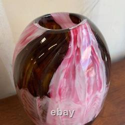 Vintage c. 1950s Large Murano Art Glass Vase Pink & Brown with Copper Heavy