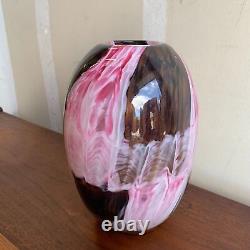 Vintage c. 1950s Large Murano Art Glass Vase Pink & Brown with Copper Heavy