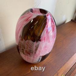 Vintage c. 1950s Large Murano Art Glass Vase Pink & Brown with Copper Heavy