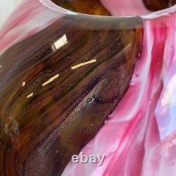 Vintage c. 1950s Large Murano Art Glass Vase Pink & Brown with Copper Heavy