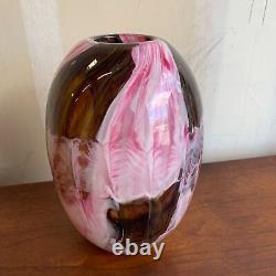 Vintage c. 1950s Large Murano Art Glass Vase Pink & Brown with Copper Heavy