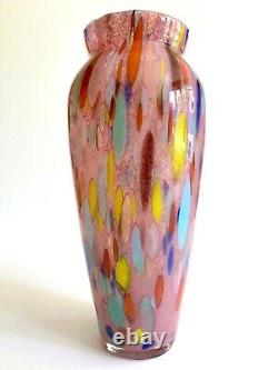 Vtg 1980's Post Modern Abstract Hand Blown Art Glass Multicolor Tall Flower Vase