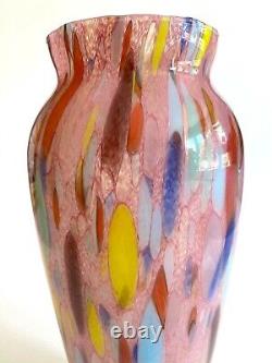 Vtg 1980's Post Modern Abstract Hand Blown Art Glass Multicolor Tall Flower Vase