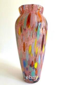 Vtg 1980's Post Modern Abstract Hand Blown Art Glass Multicolor Tall Flower Vase