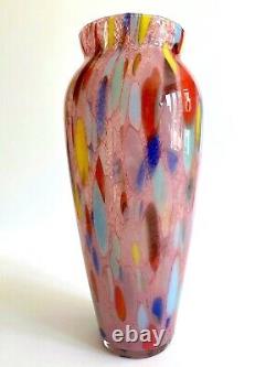 Vtg 1980's Post Modern Abstract Hand Blown Art Glass Multicolor Tall Flower Vase