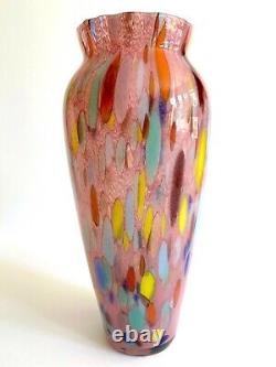 Vtg 1980's Post Modern Abstract Hand Blown Art Glass Multicolor Tall Flower Vase