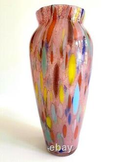 Vtg 1980's Post Modern Abstract Hand Blown Art Glass Multicolor Tall Flower Vase