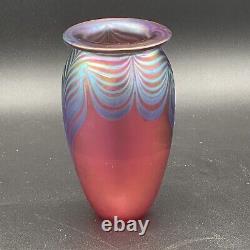 Vtg 1990 Eickholt Iridescent Pink & Blue Pulled Feather Art Glass SIGNED mint