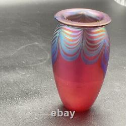 Vtg 1990 Eickholt Iridescent Pink & Blue Pulled Feather Art Glass SIGNED mint