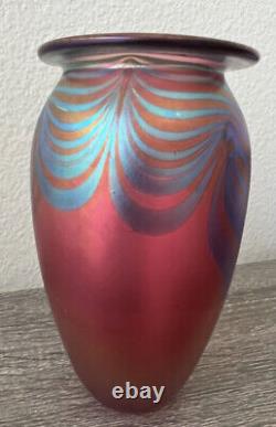 Vtg 1999 Eickholt Iridescent Pink & Blue Pulled Feather Art Glass SIGNED mint