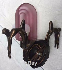 Vtg ART DECO Nude Ladies Statue Sconce withPink Glass Shade Collection Francaise