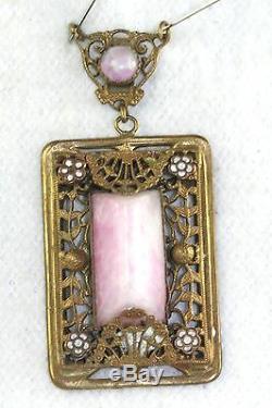 Vtg Antique Art Deco Era Large Pink Czech Glass Enamel Brass Pendant Lavaliere
