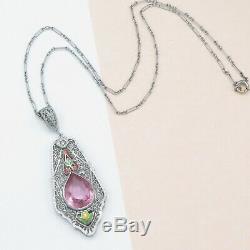 Vtg Art Deco Rhodium Plate Silver Filigree Pink Glass Enamel Pendant Necklace