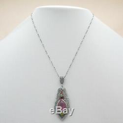 Vtg Art Deco Rhodium Plate Silver Filigree Pink Glass Enamel Pendant Necklace